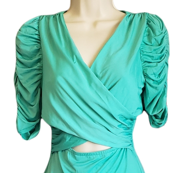 SAVE $50 - NWT - BEBE Cross Shirred Bodysuit Aqua Green Size S - Picture 2 of 6